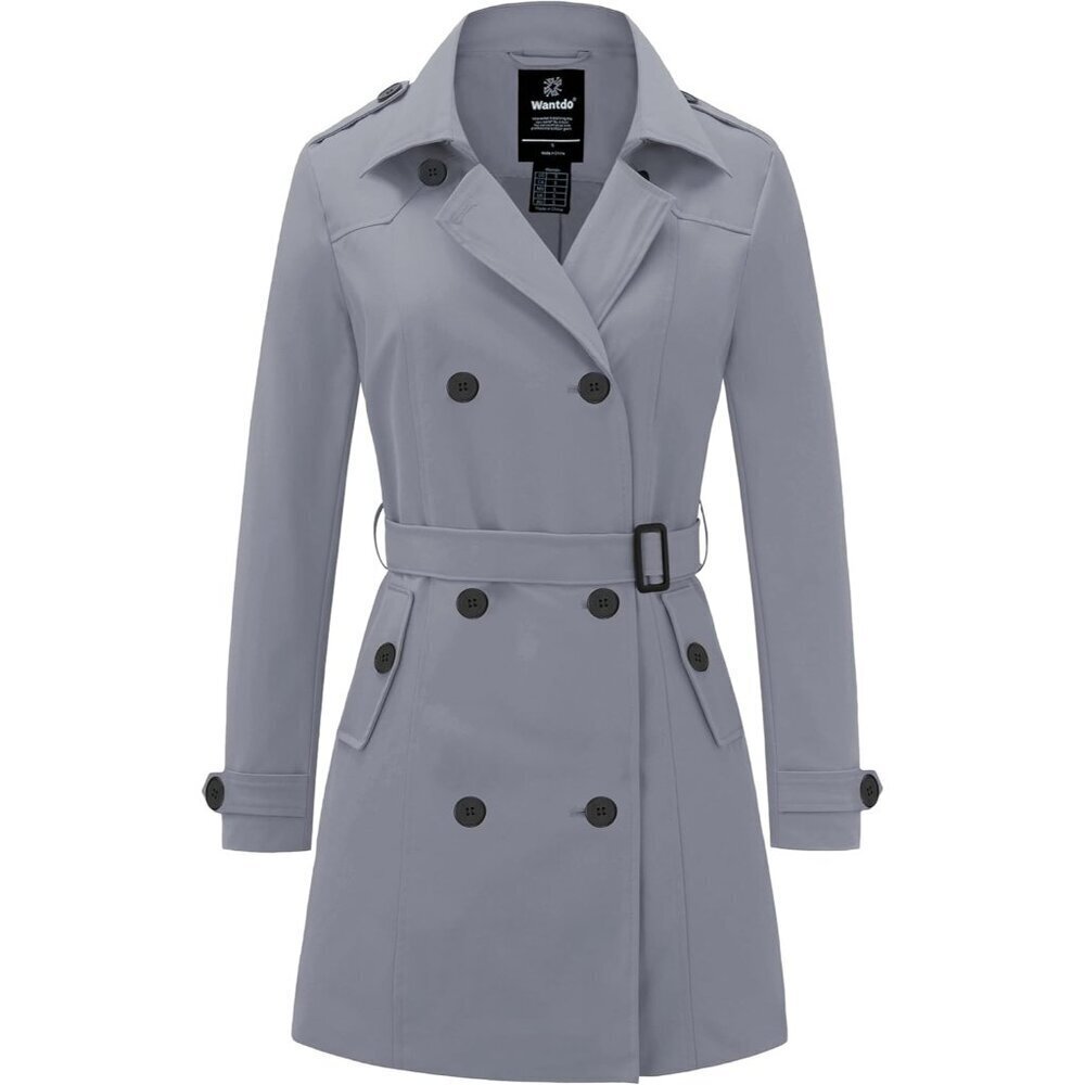Women'   Gray Waterproof Trench Coat Classic Lapel Outerwear Coat with Belt